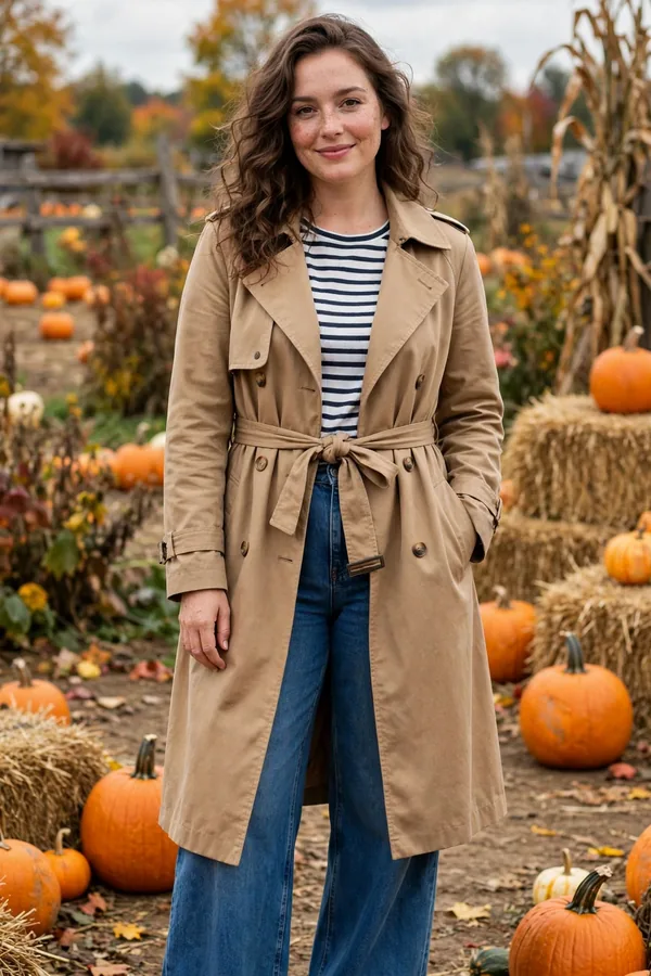 A woman in a camel trench coat over a striped top with wide-leg jeans at a pumpkin patch
