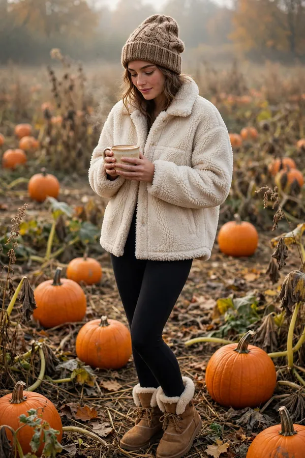 Woman holding a warm drink in a pumpkin patch wearing a cream teddy fleece jacket, black leggings, shearling-lined boots and a chunky knit beanie