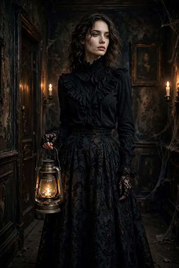 Woman in a Victorian black ruffled blouse, brocade skirt and lace gloves holding a lantern indoors