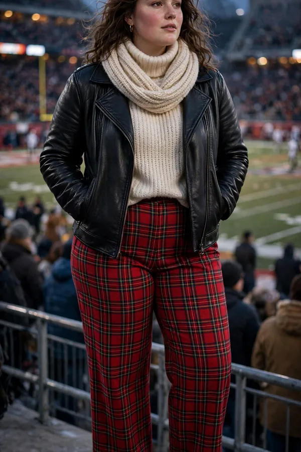 A curvy young woman wearing a black leather jacket over a cream turtleneck, red plaid wide-leg trousers, black ankle boots and a chunky scarf at a chilly evening football game