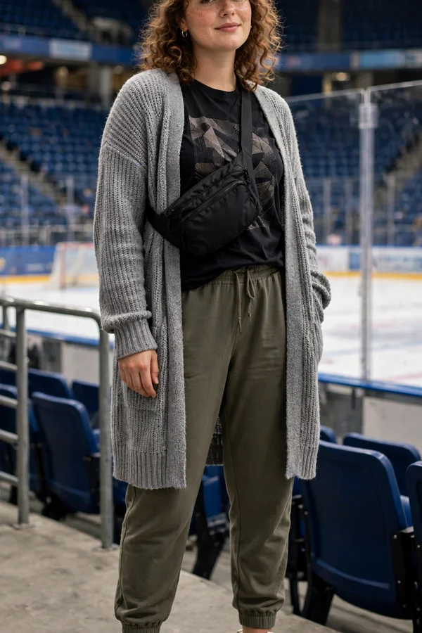 A curvy young woman in a longline grey cardigan with a graphic tee and joggers at a hockey arena