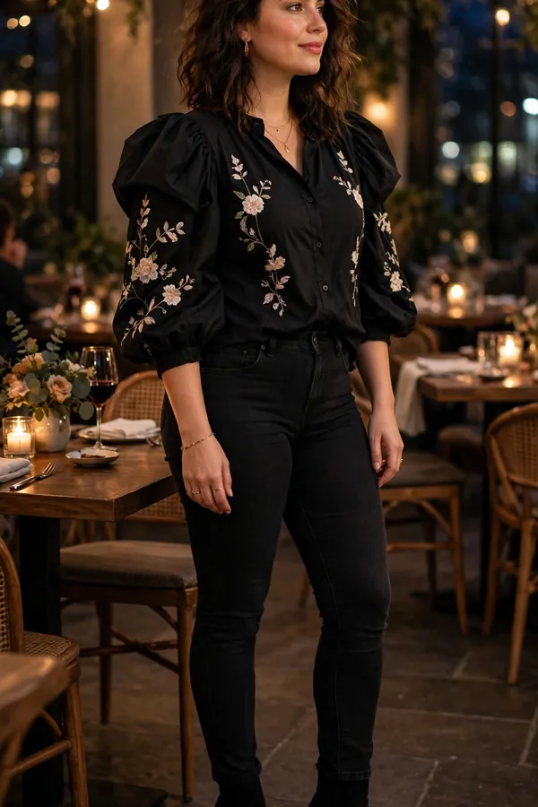 A moderately curvy woman in black skinny jeans with a statement sleeve blouse and heeled ankle boots at an evening dinner