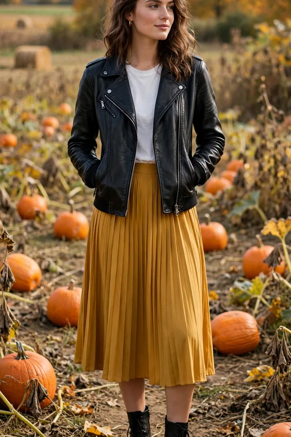 Woman in a black faux-leather moto jacket with a mustard pleated midi skirt and black ankle boots in a pumpkin field