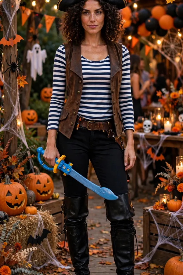 A woman in a pirate captain costume with a striped top, vest, boots, and a captain's hat at a themed party