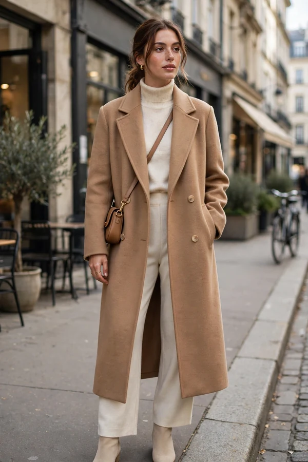 A woman in a head-to-toe camel and cream tonal outfit with a long coat in a city street