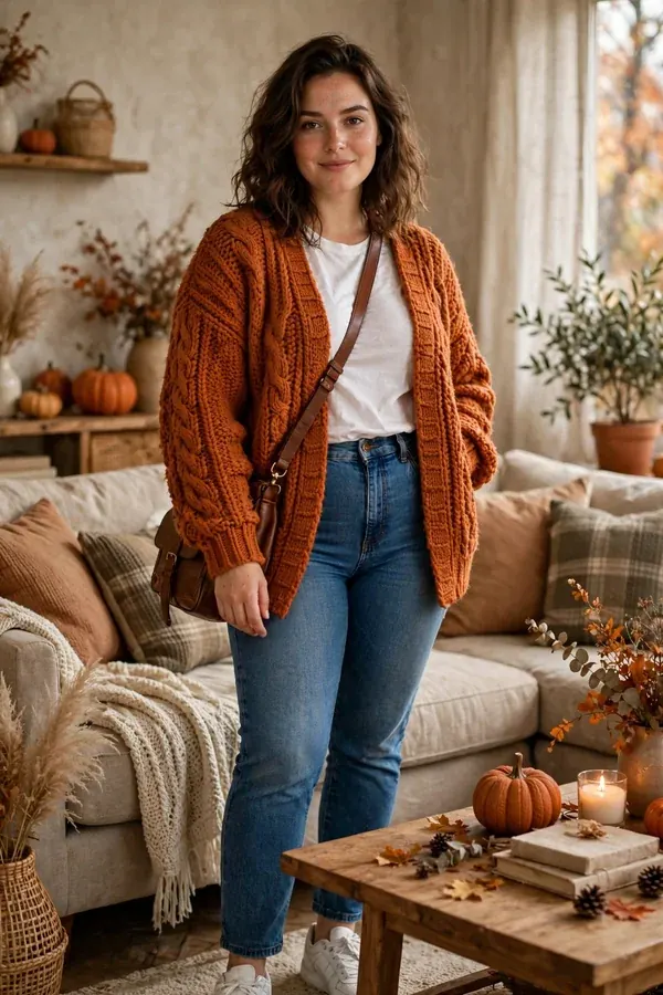A curvy young woman wearing a burnt orange cardigan, white tee, high-waisted jeans and white sneakers in a living room with fall decor