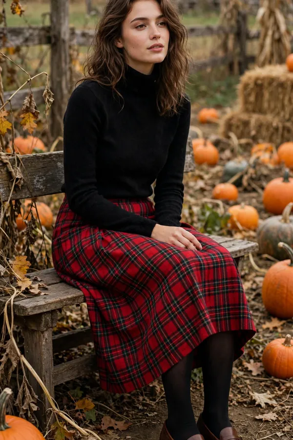Woman sitting on a wooden bench in a pumpkin patch wearing a red plaid midi skirt, black turtleneck sweater, black tights and brown leather loafers