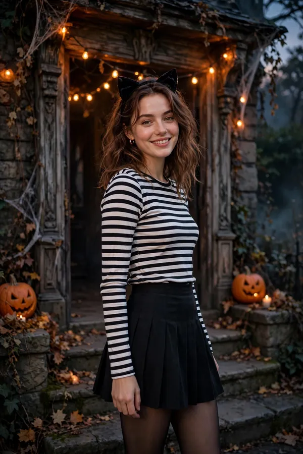 Model wearing a striped top, black pleated skirt and cat-ear headband at a haunted house entrance