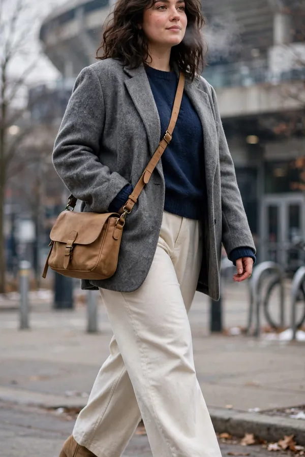 A curvy young woman wearing an oversized grey wool blazer over a navy sweater, cream wide-leg trousers, tan block-heel boots and a crossbody bag walking to a stadium on a cold day
