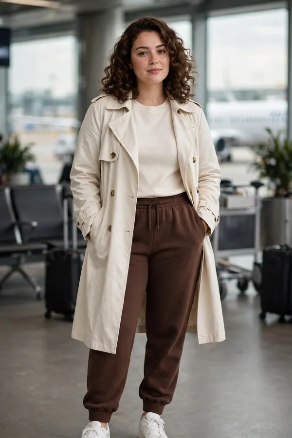 A moderately curvy young woman in chocolate brown sweatpants, a cream top, and a cream trench coat with white sneakers at an airport