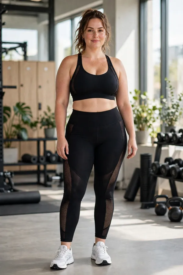 Moderately curvy woman in black mesh-panel leggings and a longline sports bra in a gym.