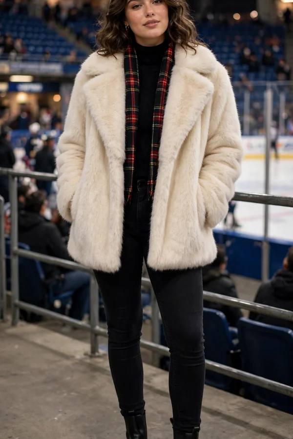 A curvy young woman wearing a cream faux fur coat with black skinny jeans and Chelsea boots at a hockey game