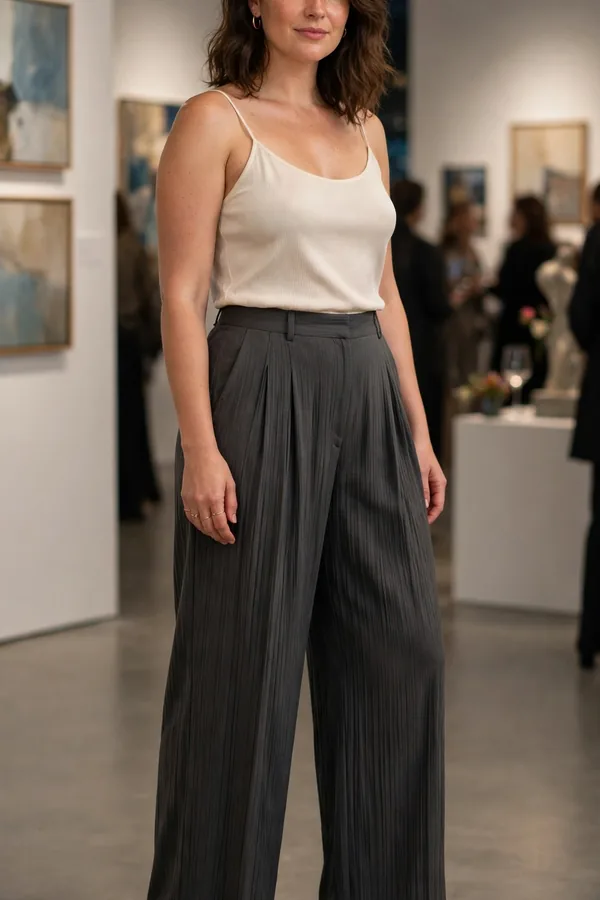 A moderately curvy woman in pleated wide-leg trousers with a simple cream camisole and block heels at a gallery opening
