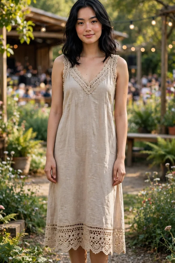 A young woman wearing a beige crochet-trim linen dress and strappy flat sandals at a garden concert