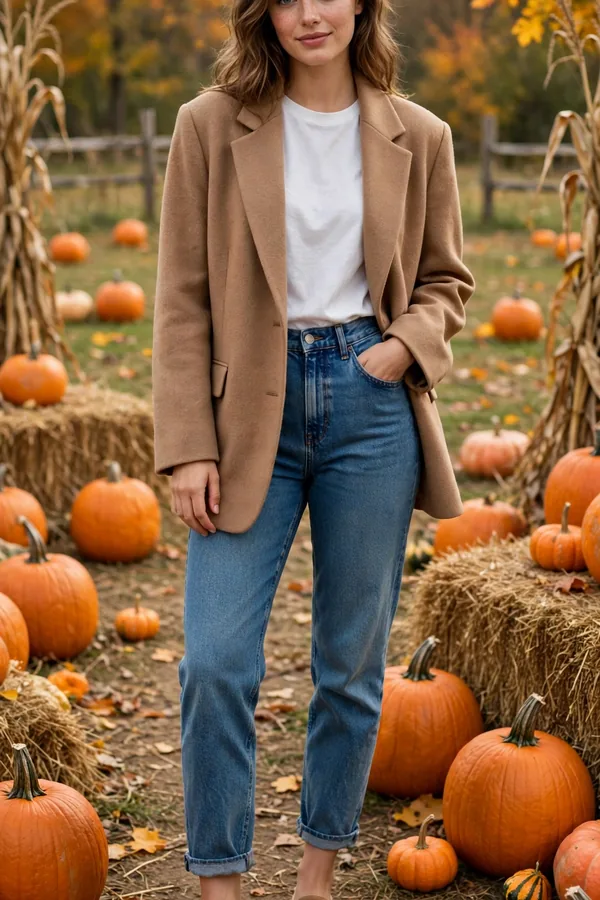 Woman in a camel oversized blazer with mom jeans and tan mules at a pumpkin patch