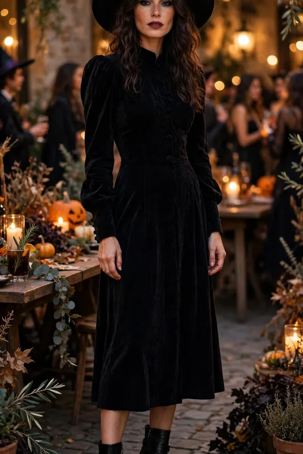 A woman in a chic all-black midi dress with a wide-brim hat and heeled boots at a Halloween party