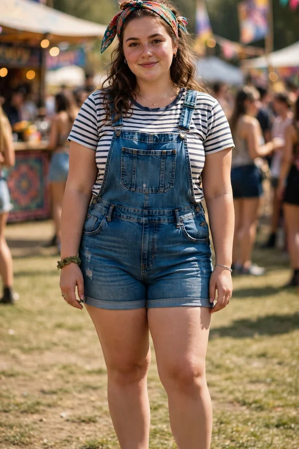 A curvy young woman wearing denim overall shorts and a striped tee with sneakers at an outdoor festival