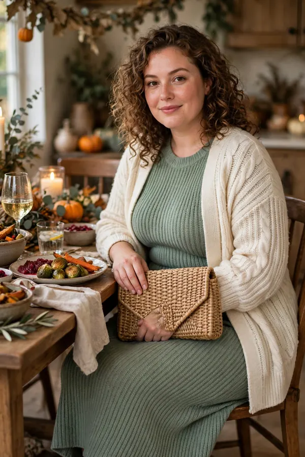 A curvy young woman wearing a sage green knit midi dress, cream cardigan and tan block-heel sandals at a Friendsgiving table