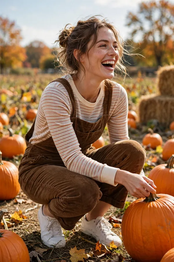 Woman laughing while picking pumpkins wearing brown corduroy overalls over a cream-and-rust striped thermal top and white canvas sneakers