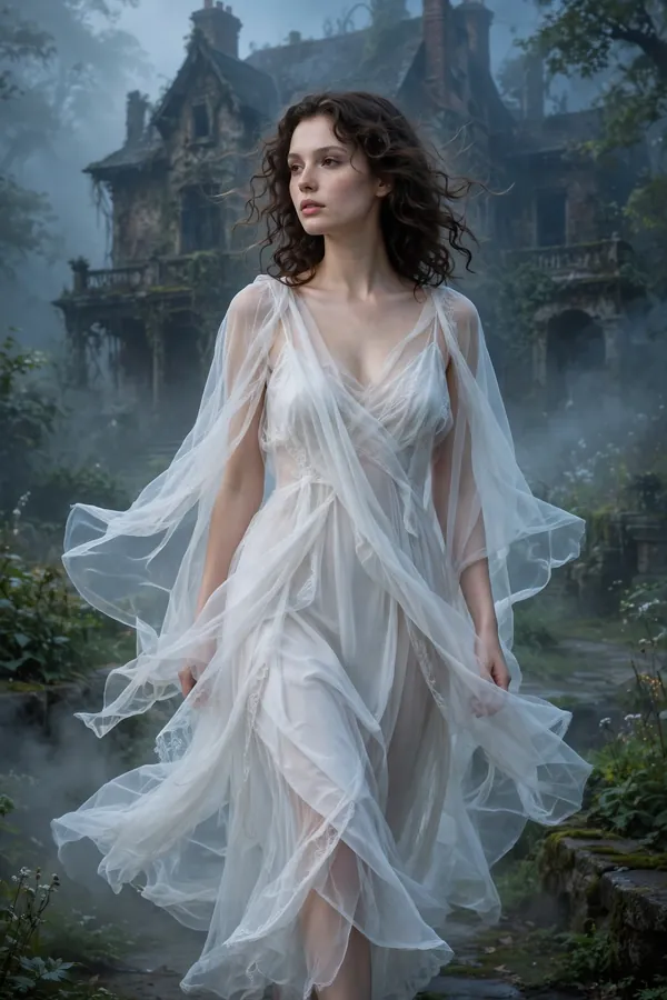 Woman in a flowing white sheer dress as a ghost-inspired ethereal outfit in a moonlit garden