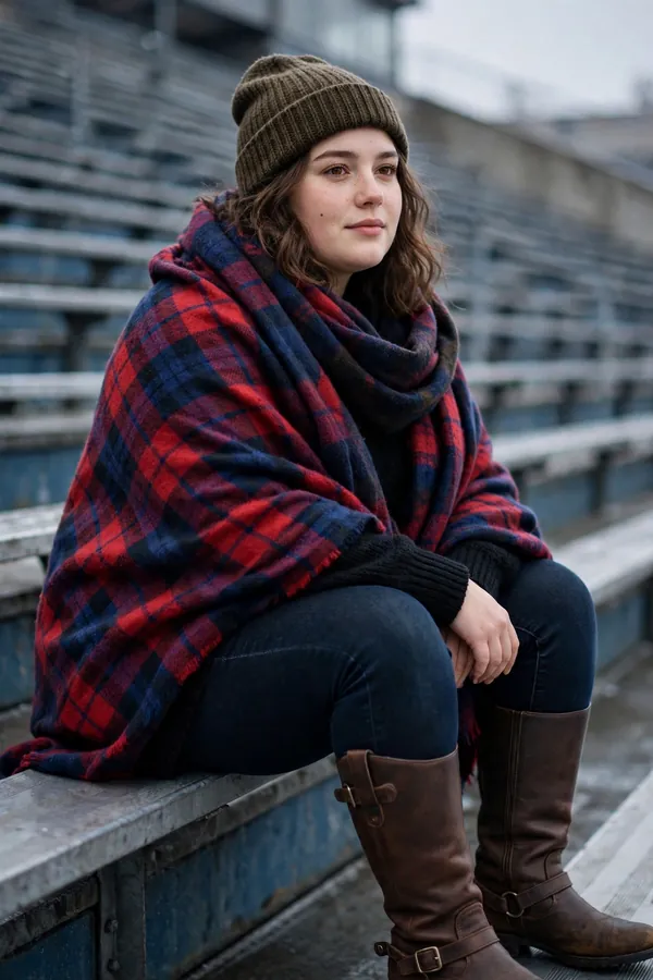 A curvy young woman wrapped in a large red-and-navy blanket scarf over a black sweater, dark jeans, brown riding boots and a knit beanie sitting in cold stadium stands