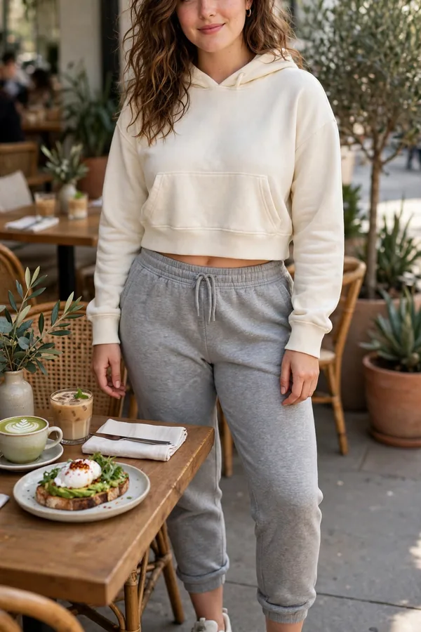 A moderately curvy young woman in heather grey joggers and a cropped cream hoodie with chunky sneakers at a brunch cafe
