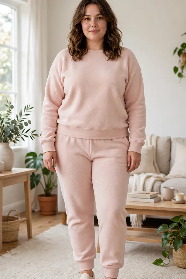 Moderately curvy woman in a blush brushed fleece sweatshirt and matching joggers in a cozy living room.