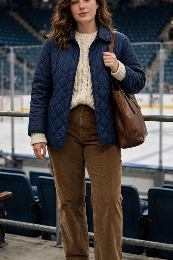A curvy young woman in a navy quilted jacket with brown corduroy trousers and loafers at a hockey arena