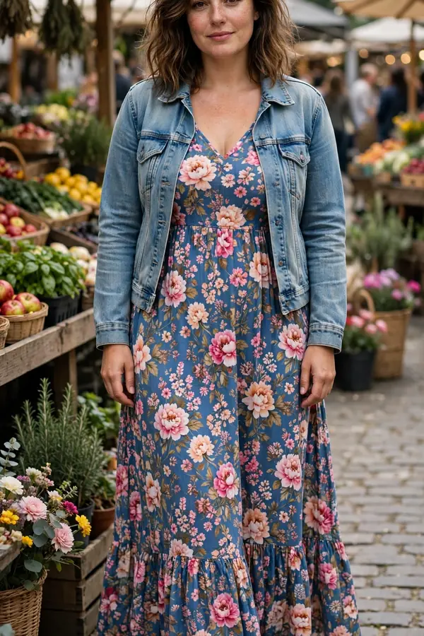 A moderately curvy woman in a flowing floral maxi dress with a light-wash denim jacket and white sneakers at a weekend market