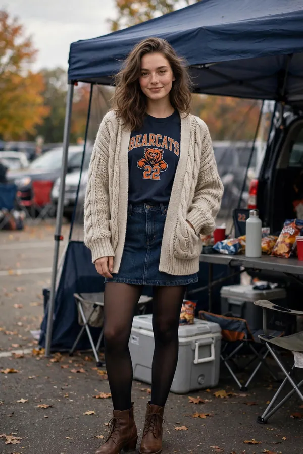 Woman in a chunky oatmeal cardigan over a team graphic tee with a dark denim mini skirt, black tights and brown ankle boots