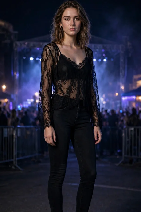 A young woman in black skinny jeans and a sheer black lace top over a camisole at a night concert