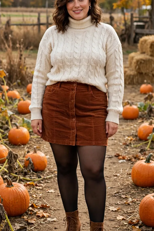 Woman in a cream cable-knit turtleneck with a rust corduroy mini skirt, black tights and brown ankle boots