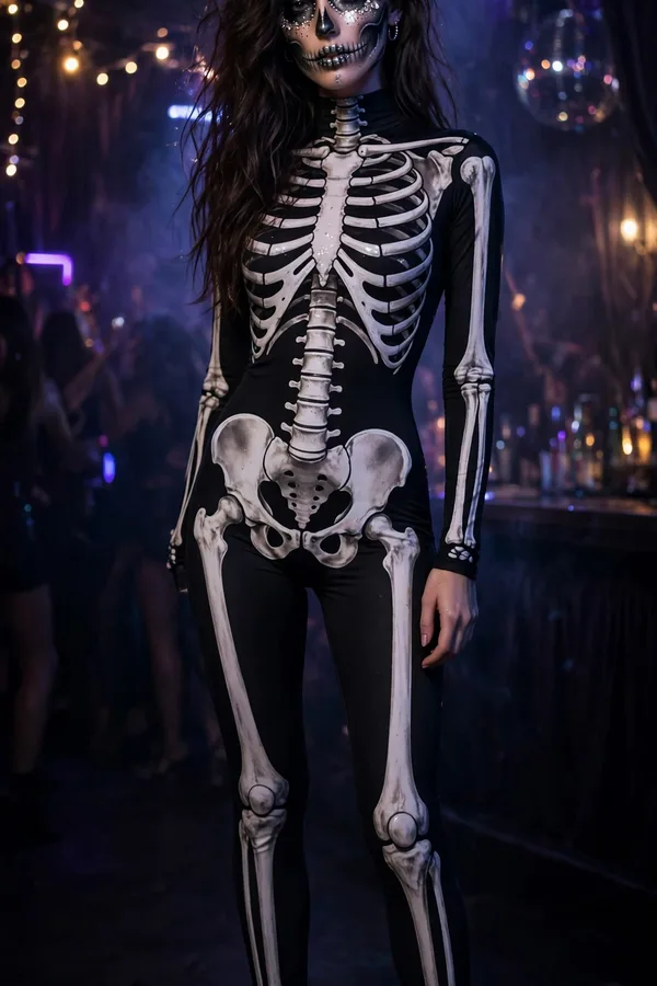 A woman in a black skeleton-print bodysuit with sparkling skull face makeup at a club party