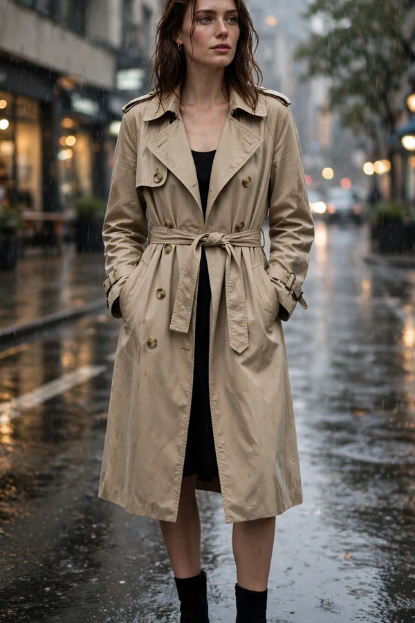 A woman in a classic beige trench coat over a simple dress with ankle boots on a rainy city street