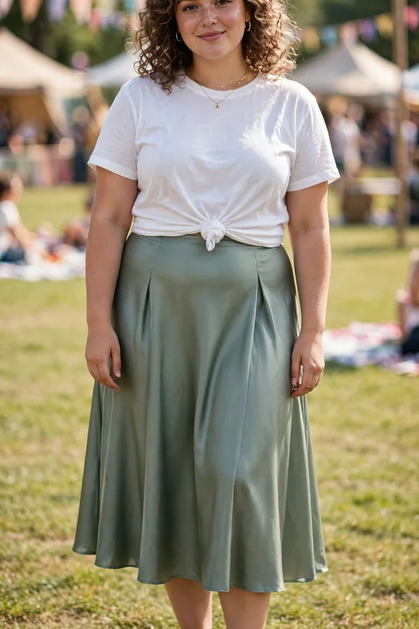 A curvy young woman in a sage satin midi skirt and a knotted white tee with white sneakers at a festival