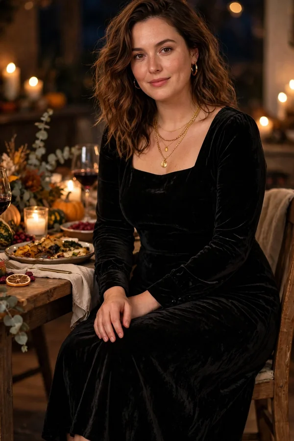 A curvy young woman wearing a black velvet midi dress, gold jewelry and black heeled ankle boots at an evening Friendsgiving dinner