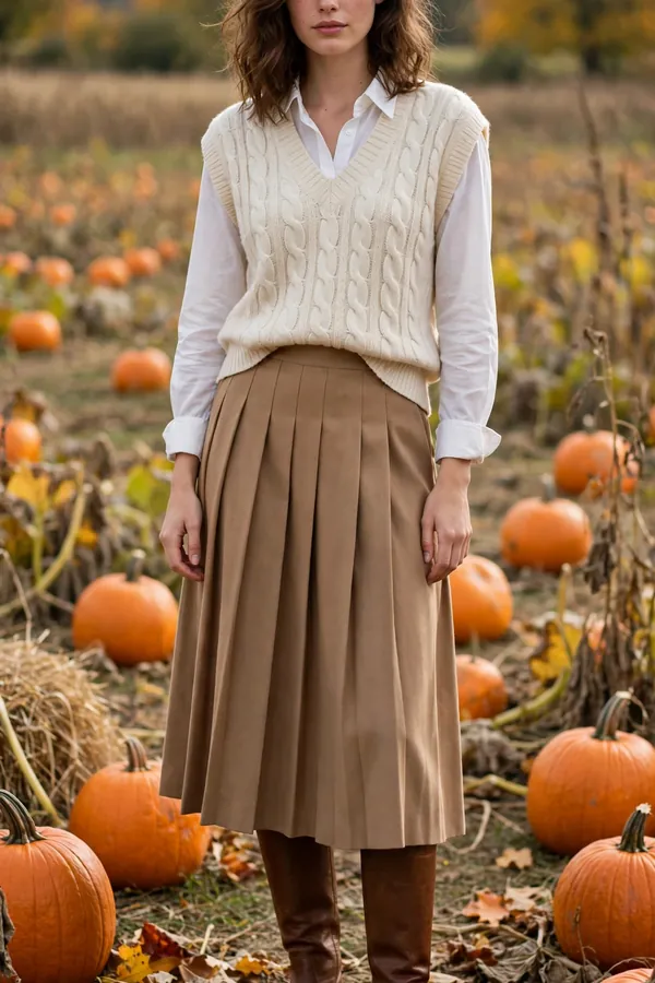 Woman standing in a pumpkin patch wearing a cream cable-knit sweater vest layered over a white button-down shirt with a pleated camel midi skirt and brown knee-high boots