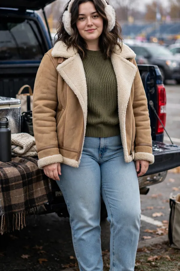 A curvy young woman wearing a tan shearling-lined jacket, olive knit sweater, light-wash jeans, cream ankle boots and a faux-fur earmuff headband at a cold tailgate