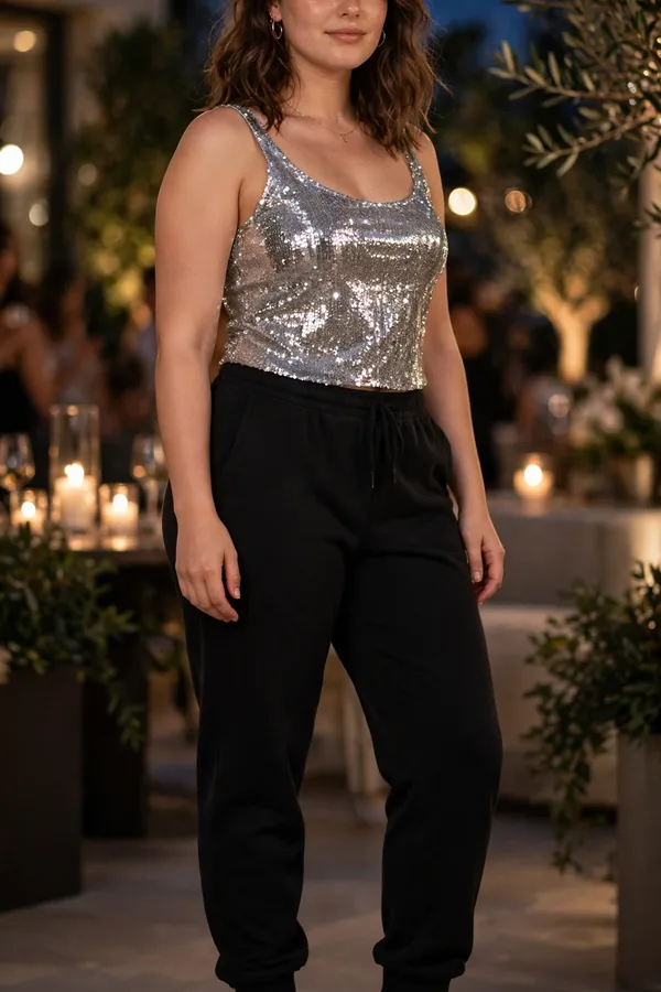 A moderately curvy young woman in black sweatpants and a silver sequin top with heeled sandals at an evening party