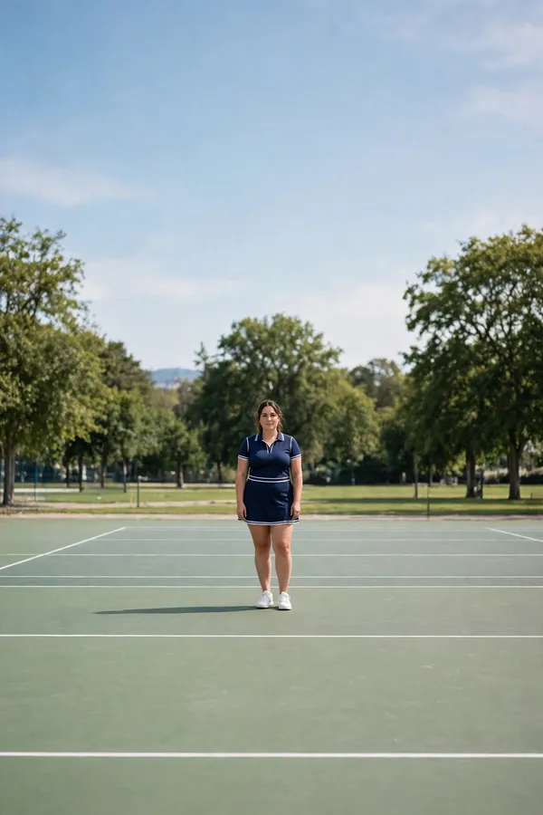 Moderately curvy woman in a navy tennis dress with white trim on a tennis court.