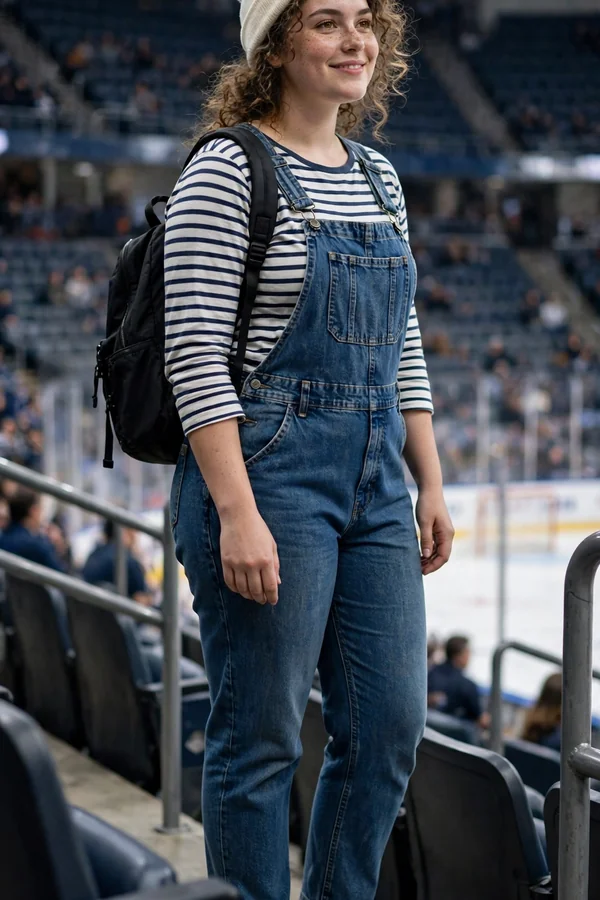 A curvy young woman wearing denim overalls over a striped long-sleeve tee with sneakers at a hockey game