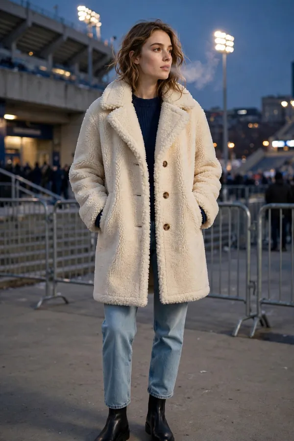 Woman bundled in a cream teddy bear coat over a navy sweater with jeans and black Chelsea boots outside a stadium at dusk