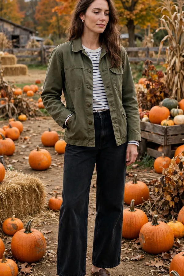 Woman in an olive canvas barn jacket with dark wide-leg jeans and brown clogs at a pumpkin farm
