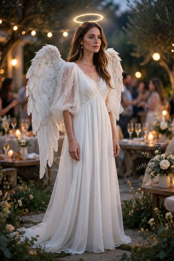 A woman in a flowing white dress with soft feather wings and a glowing halo at an evening party