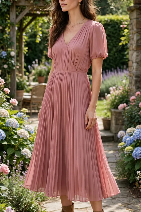 A woman in a dusty-rose pleated midi dress with tan ankle boots at a garden venue