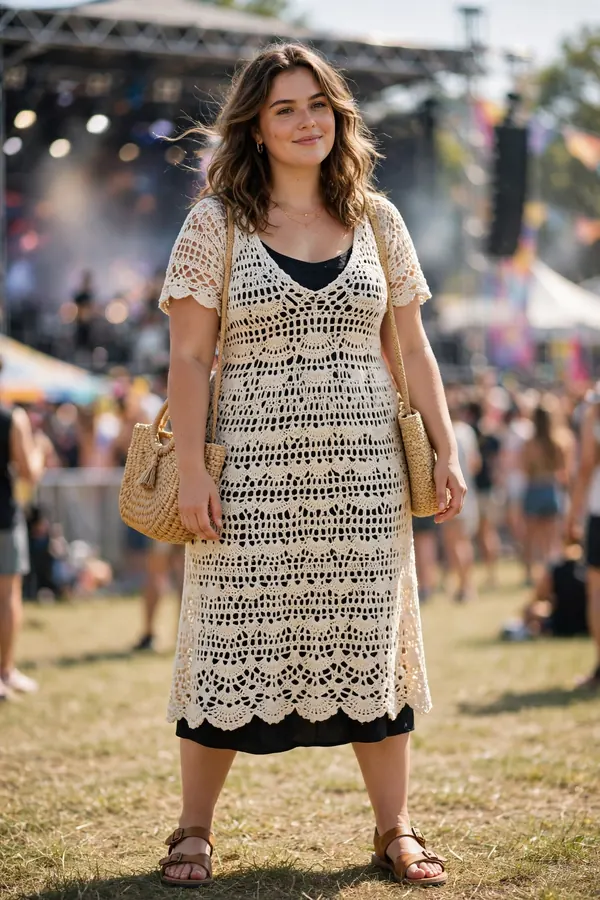 A curvy young woman wearing a cream crochet midi dress and tan leather sandals at a sunny music festival