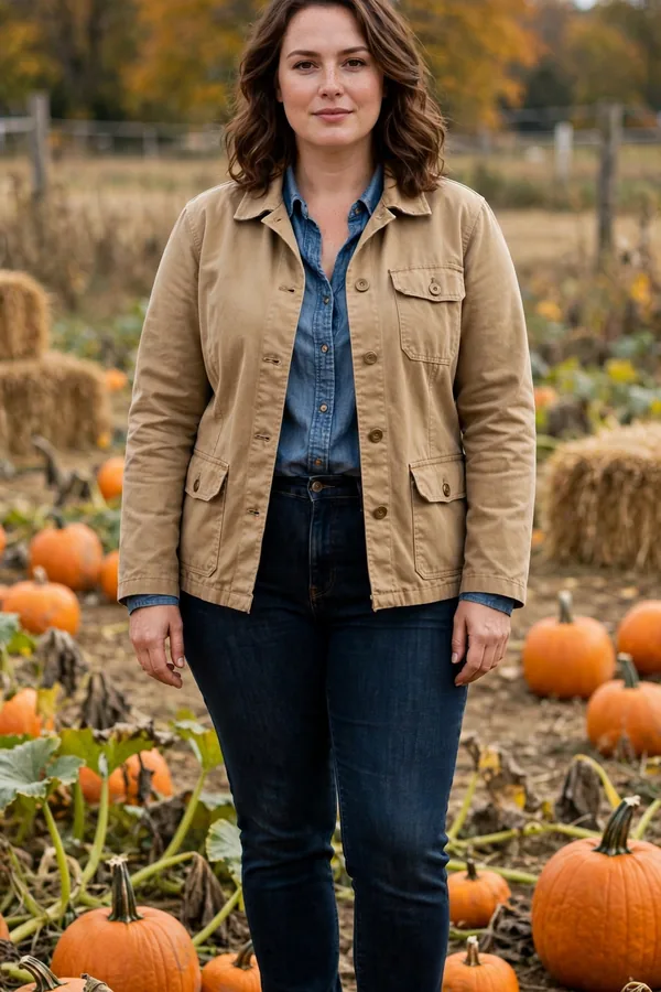 A woman in a tan barn jacket over a chambray shirt with dark jeans at a pumpkin patch