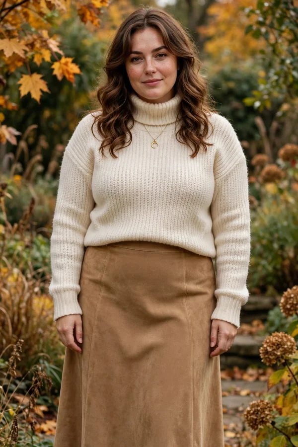 A curvy young woman wearing a cream turtleneck sweater, tan suede midi skirt and brown knee-high boots in an autumn garden