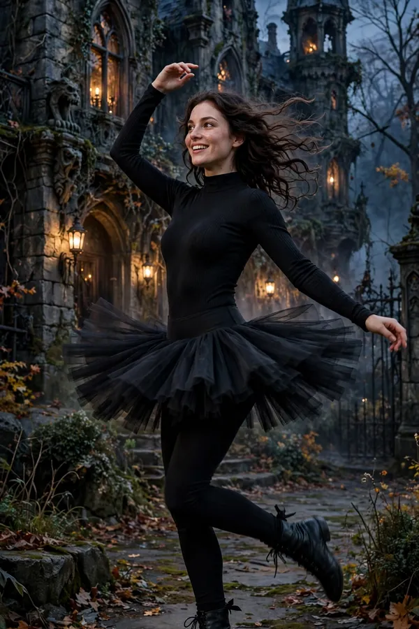 Model in a black bodysuit with a tulle tutu skirt over leggings for a gothic-ballerina haunted house look