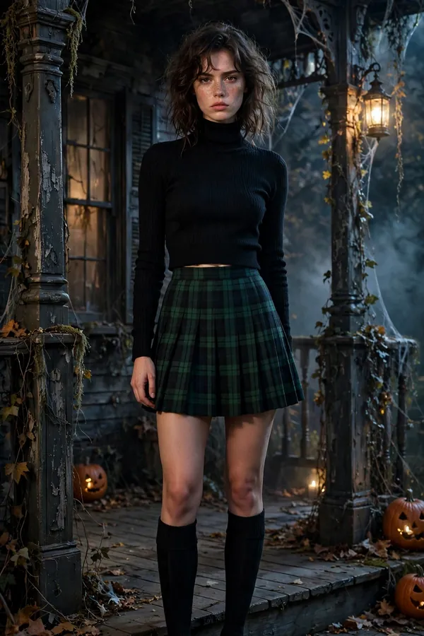 Woman in a plaid pleated skirt, cropped black turtleneck and knee-high socks with a scream-queen vibe